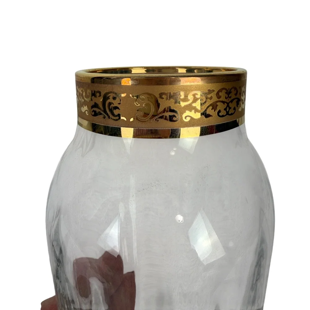 Vintage Lenox Crystal Glass Paneled Vase Gold Encrusted Scroll Rim Ribbed 8